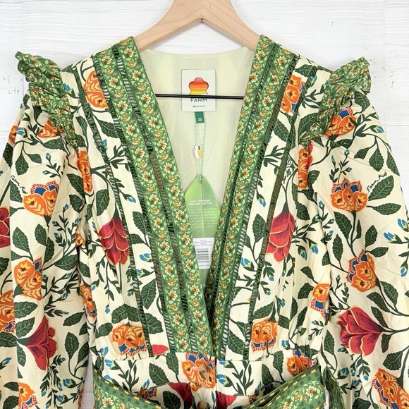 Farm‎ Rio Sand Garden Tapestry Romper XS Floral Green Puff Sleeve Cottage Whimsy - Picture 4 of 16